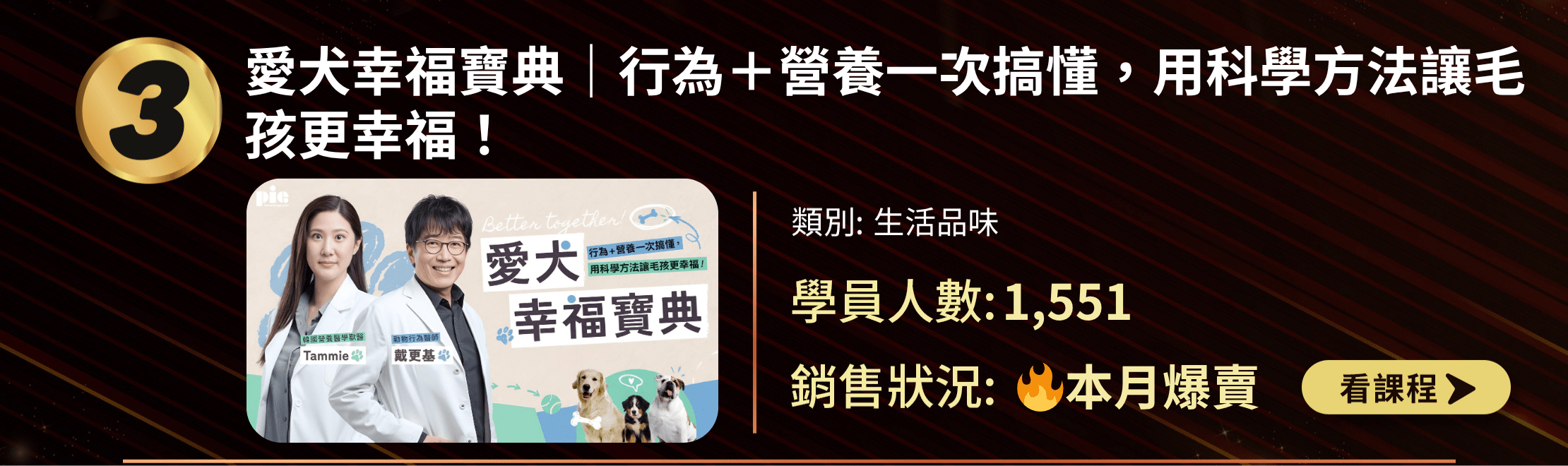 TOP 30排行榜第3名：愛犬幸福寶典課程。生活品味類別，1,551名學員參與，本月爆賣。課程封面展示兩位講師和三隻狗狗，介紹用科學方法讓毛孩更幸福。包含課程名稱、類別、學員數和銷售狀況，並有「看課程」按鈕。