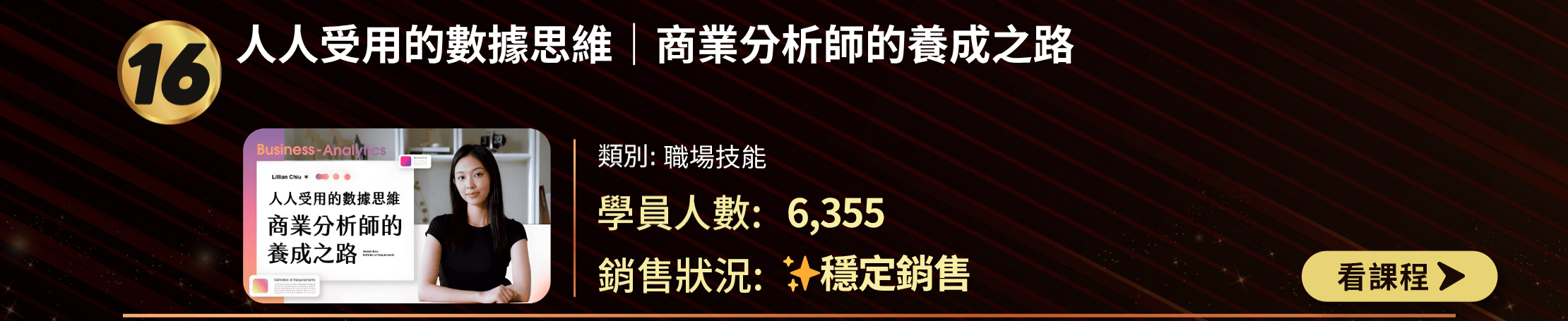 TOP 30排行榜第16名：「人人受用的數據思維｜商業分析師的養成之路」課程。職場技能類別，6,355名學員參與，穩定銷售。課程封面展示講師，承諾培養商業分析技能。提供課程名稱、類別、學員數和銷售狀況，以及「看課程」按鈕。