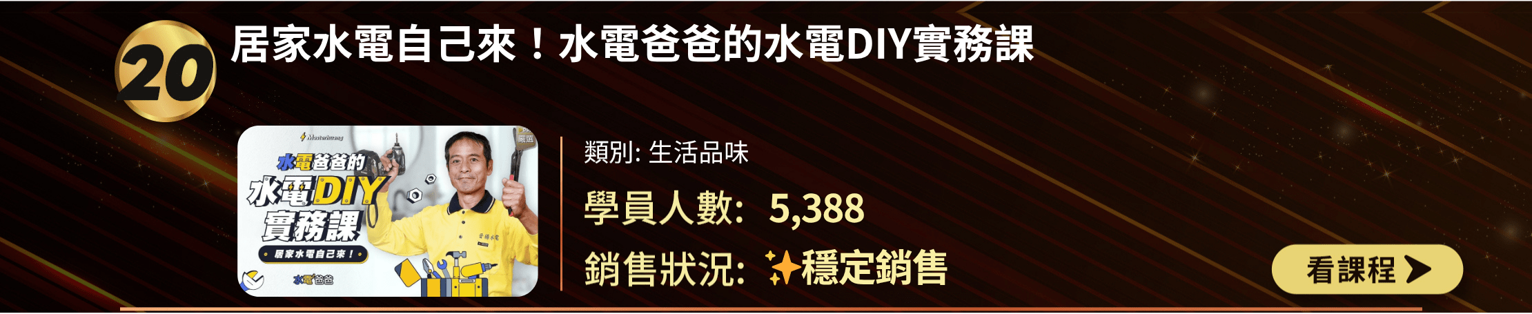 TOP 30排行榜第20名：「居家水電自己來！水電爸爸的水電DIY實務課」。生活品味類別，5,388名學員參與，穩定銷售中。課程封面展示講師手持工具，強調居家水電DIY技能。提供課程名稱、類別、學員數和銷售狀況，以及「看課程」按鈕。