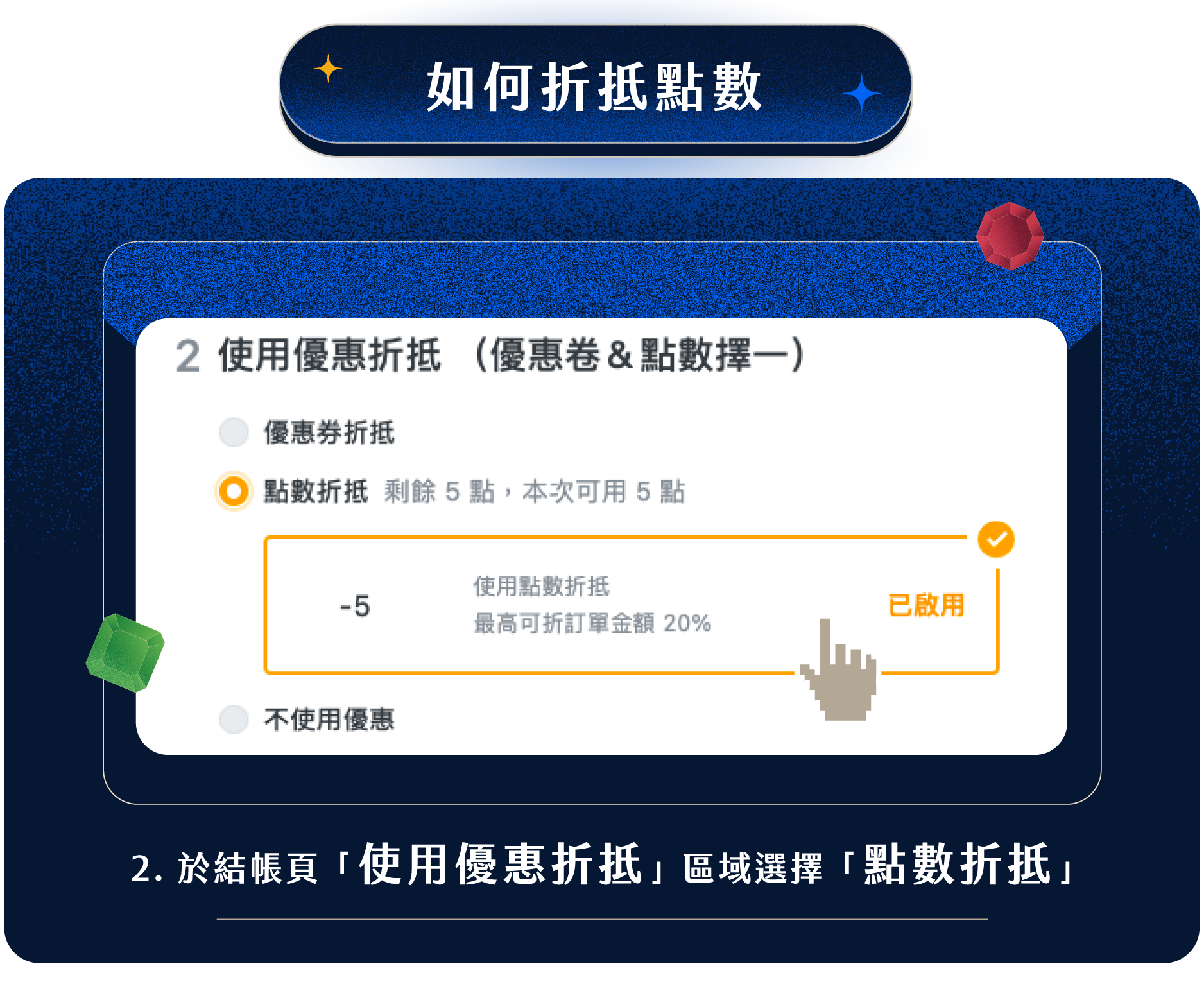 2.如何折抵點數：於結帳頁 [使用優惠折抵] 區域選擇 [點數折抵]