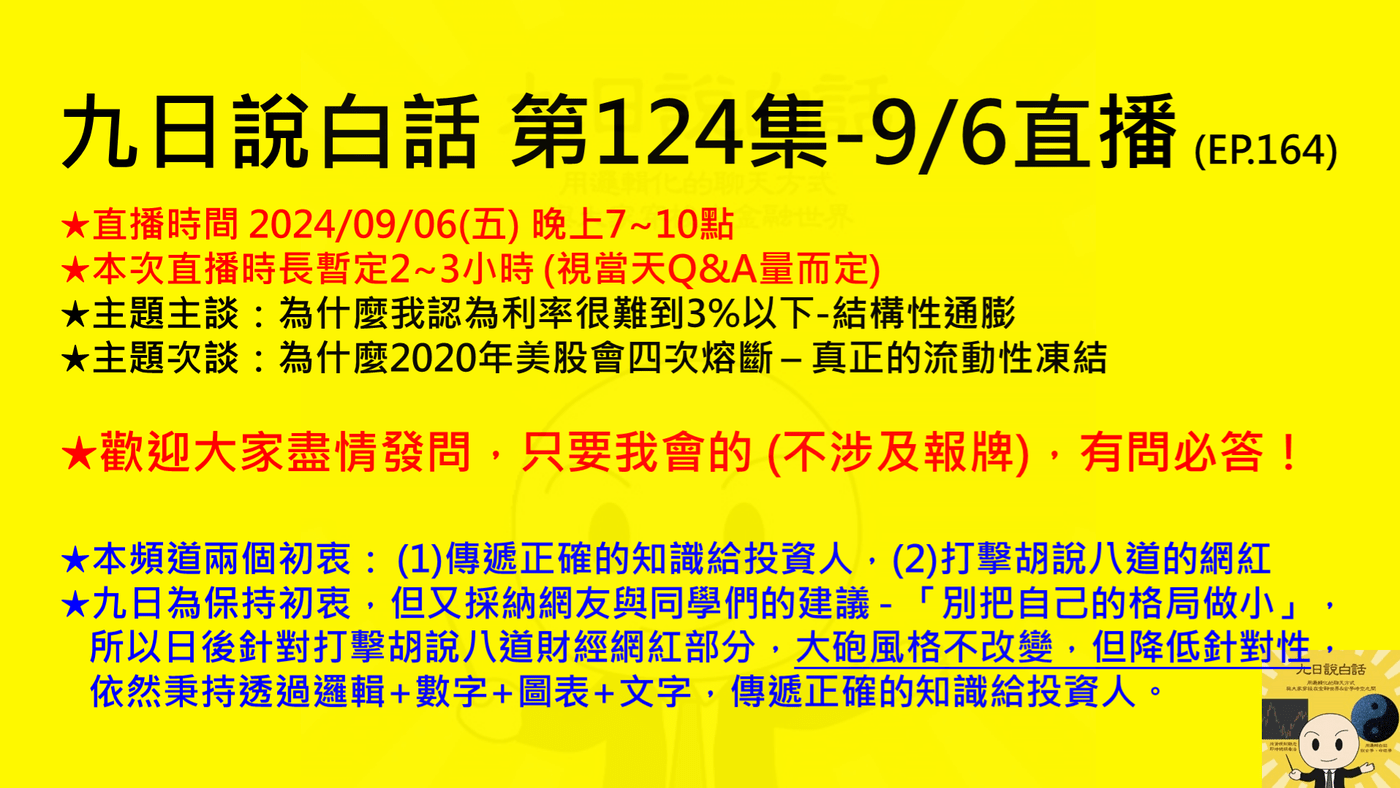 九日說白話124 -9/6(五)直播- 歡迎盡情QA，歡迎各路財經網紅及粉絲- PressPlay